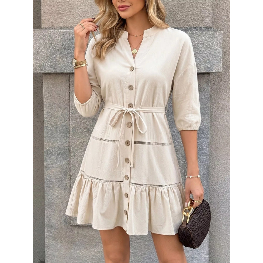Button-Front Ruffle Hem Mini Dress Apricot / S Apparel and Accessories