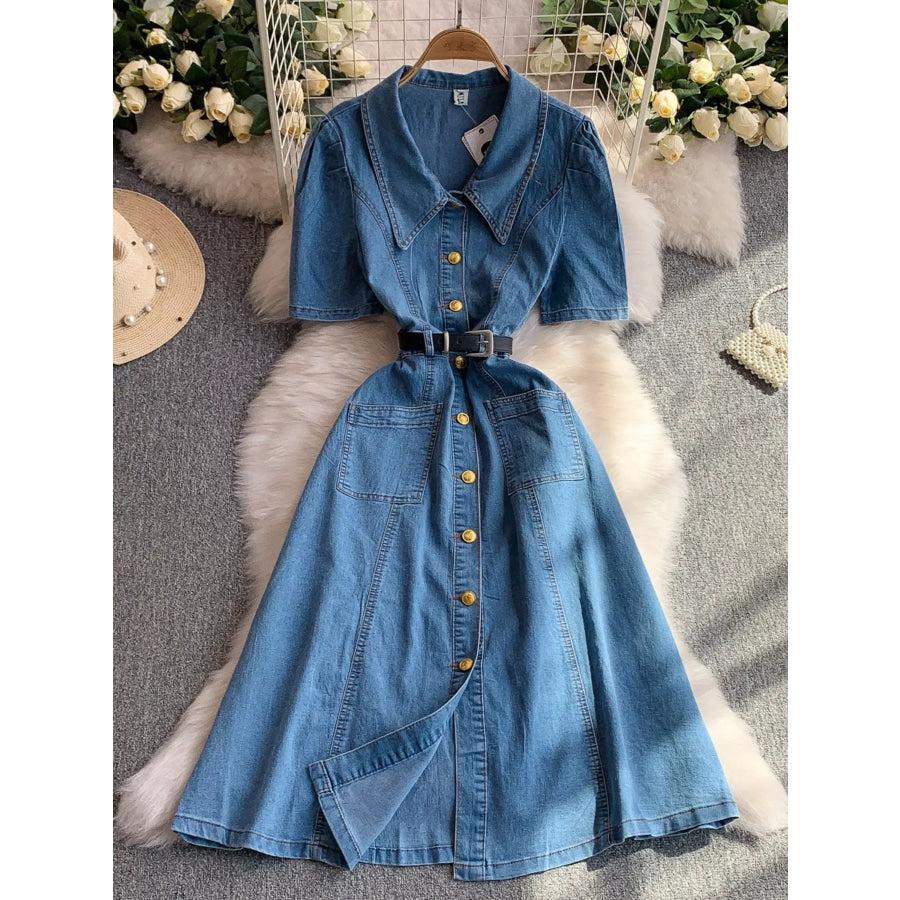Button Front Short Sleeve Denim Dress Apparel and Accessories