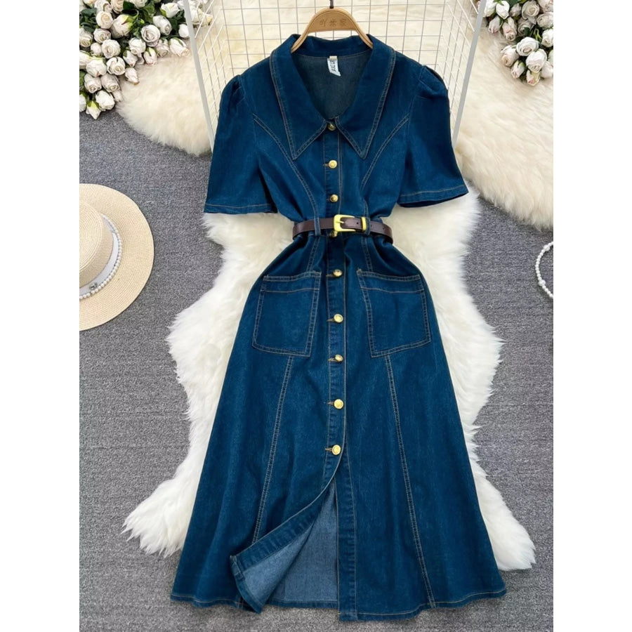 Button Front Short Sleeve Denim Dress Dark Blue / M Apparel and Accessories