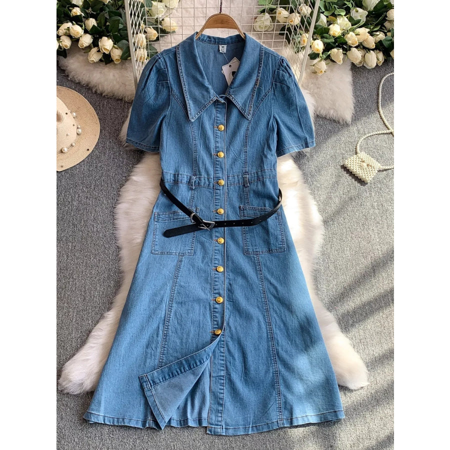 Button Front Short Sleeve Denim Dress Light Blue / M Apparel and Accessories