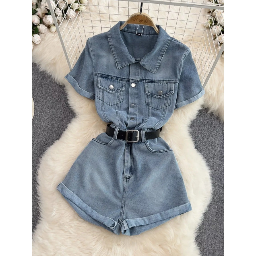 Button Front Short Sleeve Denim Romper Apparel and Accessories