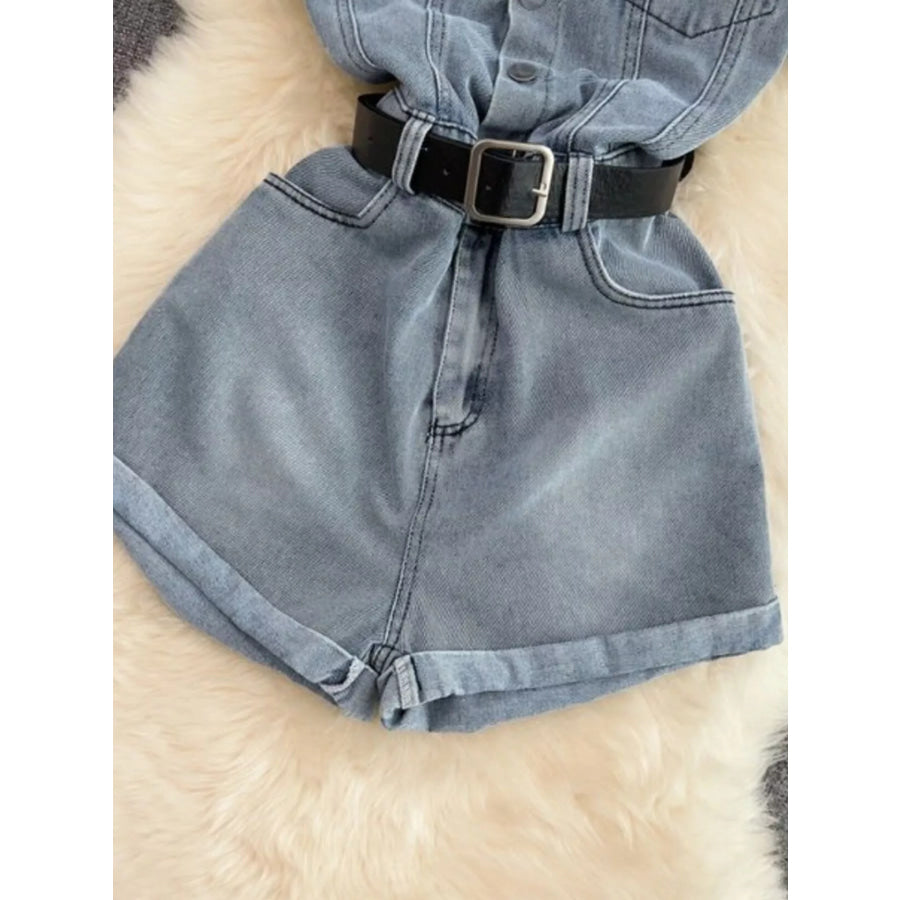 Button Front Short Sleeve Denim Romper Apparel and Accessories