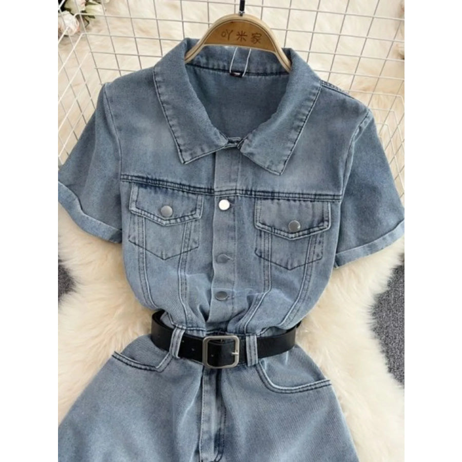 Button Front Short Sleeve Denim Romper Blue / S Apparel and Accessories
