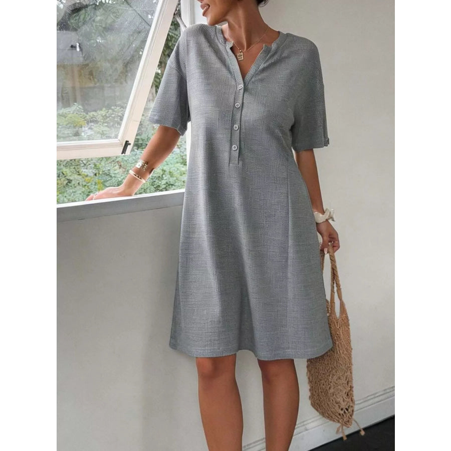 Button-Front Short Sleeve Dress Grey / S Apparel and Accessories