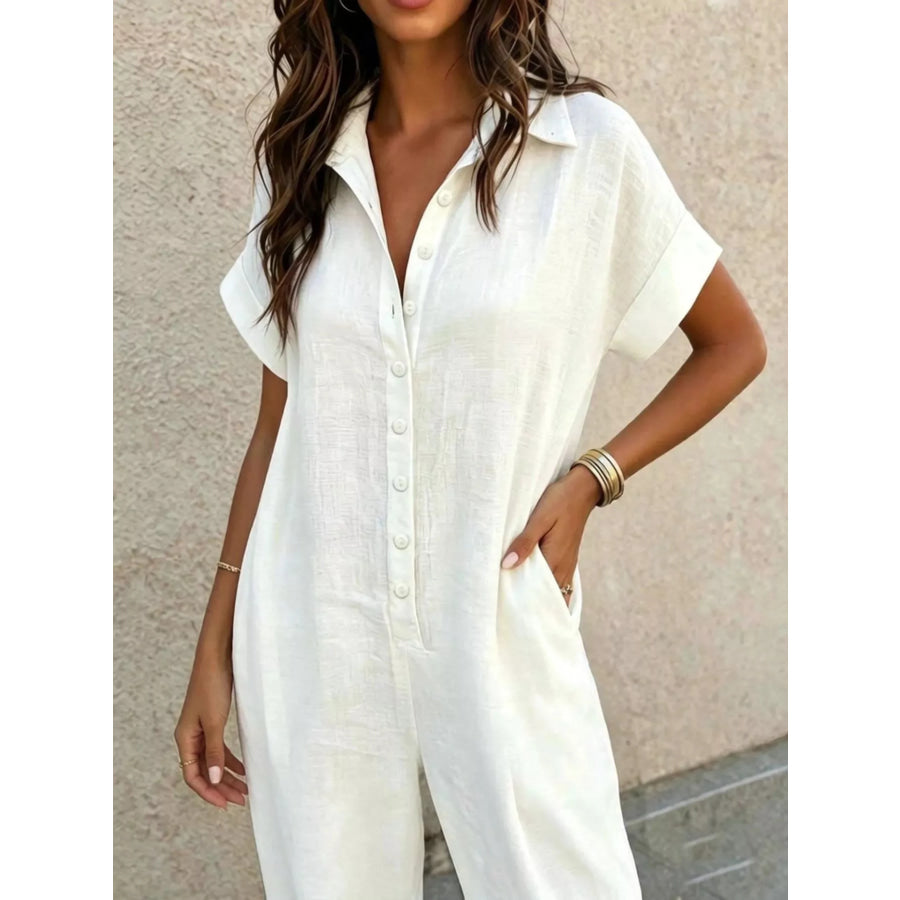 Button Front Short Sleeve Jumpsuit White / XS Apparel and Accessories