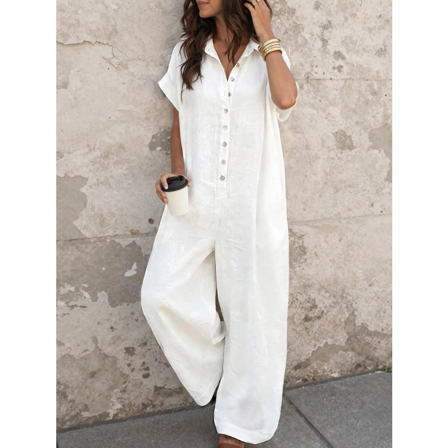 Button Front Short Sleeve Jumpsuit White / XS Apparel and Accessories
