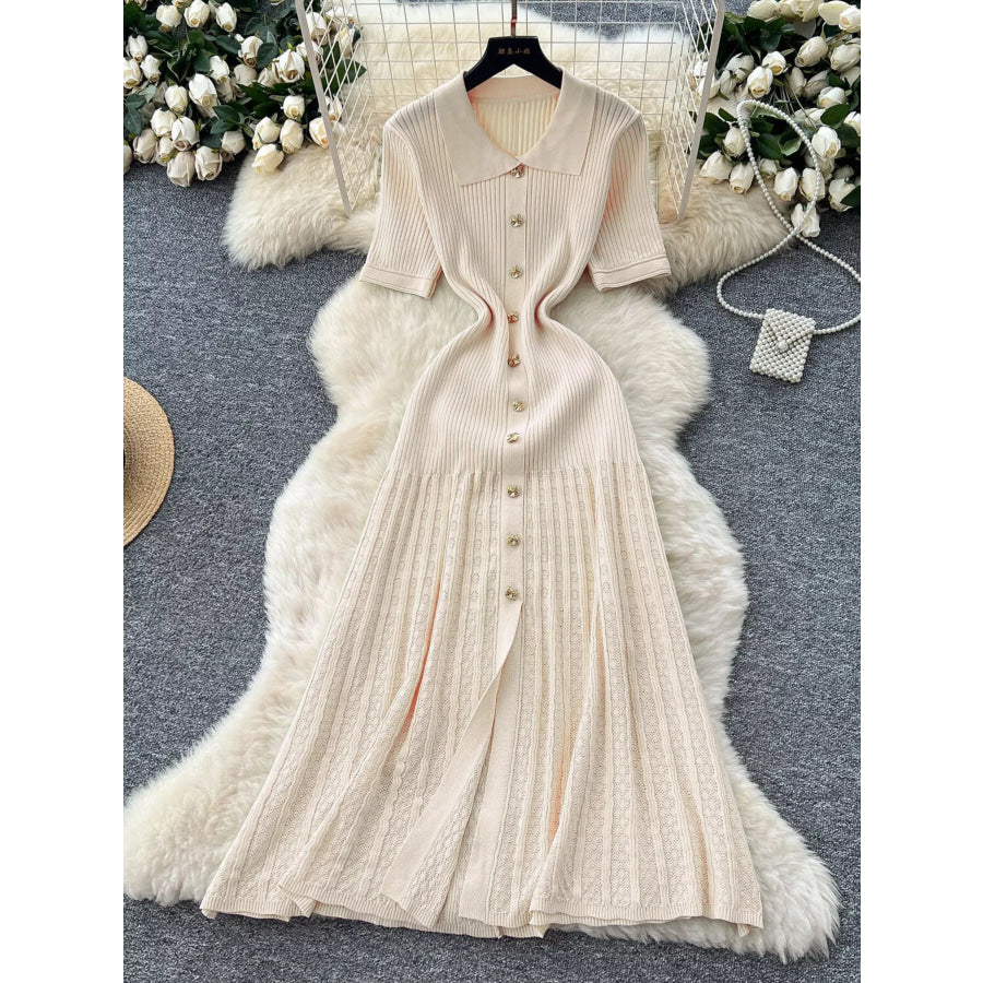 Button Front Short Sleeve Knit Dress Apricot / One Size Apparel and Accessories