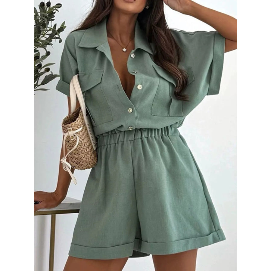 Button Front Short Sleeve Shirt and Shorts Set Apparel and Accessories