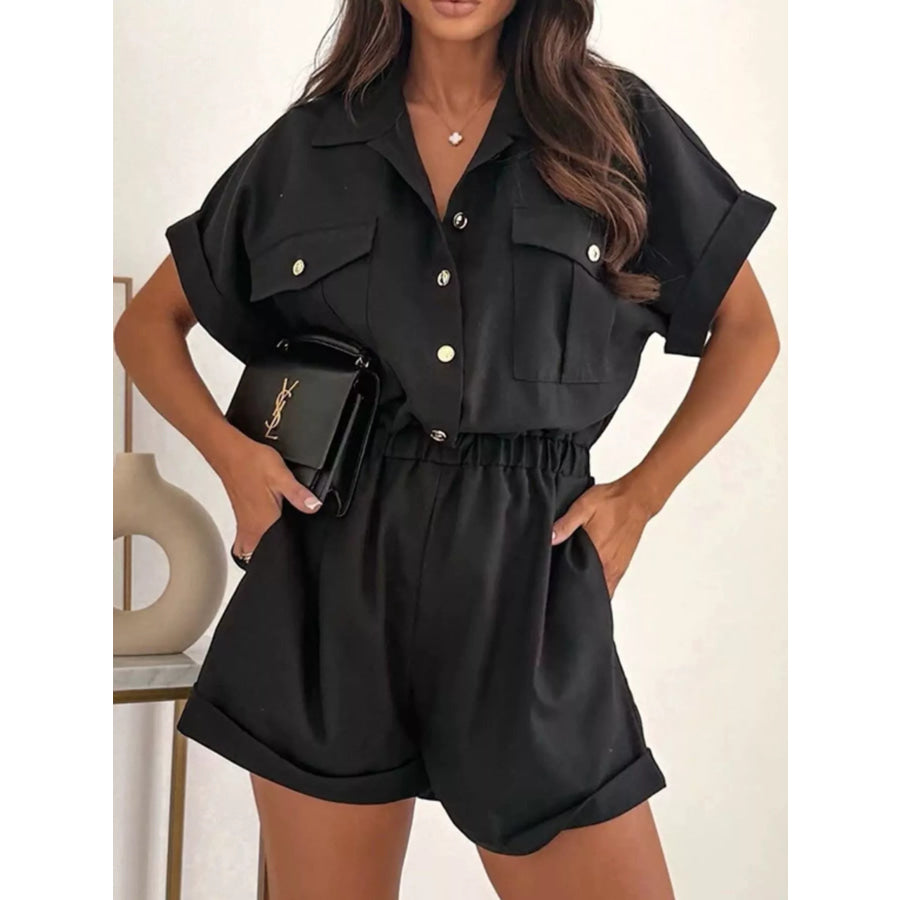 Button Front Short Sleeve Shirt and Shorts Set Black / S Apparel and Accessories