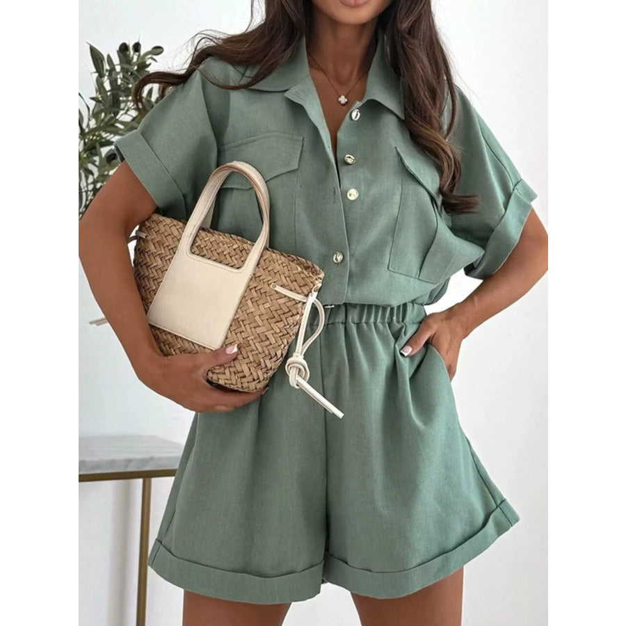Button Front Short Sleeve Shirt and Shorts Set Gum Leaf / S Apparel and Accessories