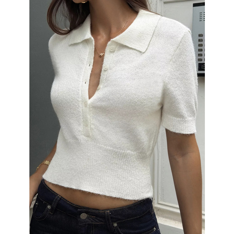Button Front Short Sleeve Sweater Beige / S Apparel and Accessories