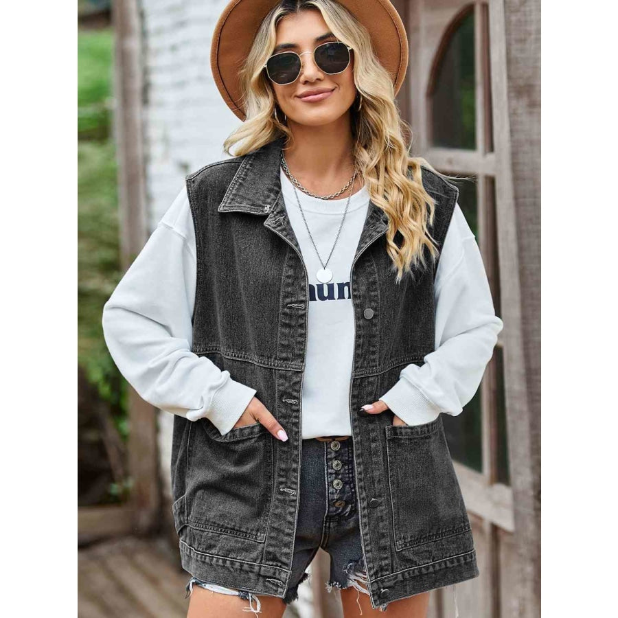 Button Front Sleeveless Denim Jacket Black / S