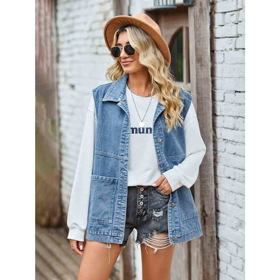 Button Front Sleeveless Denim Jacket Misty Blue / S