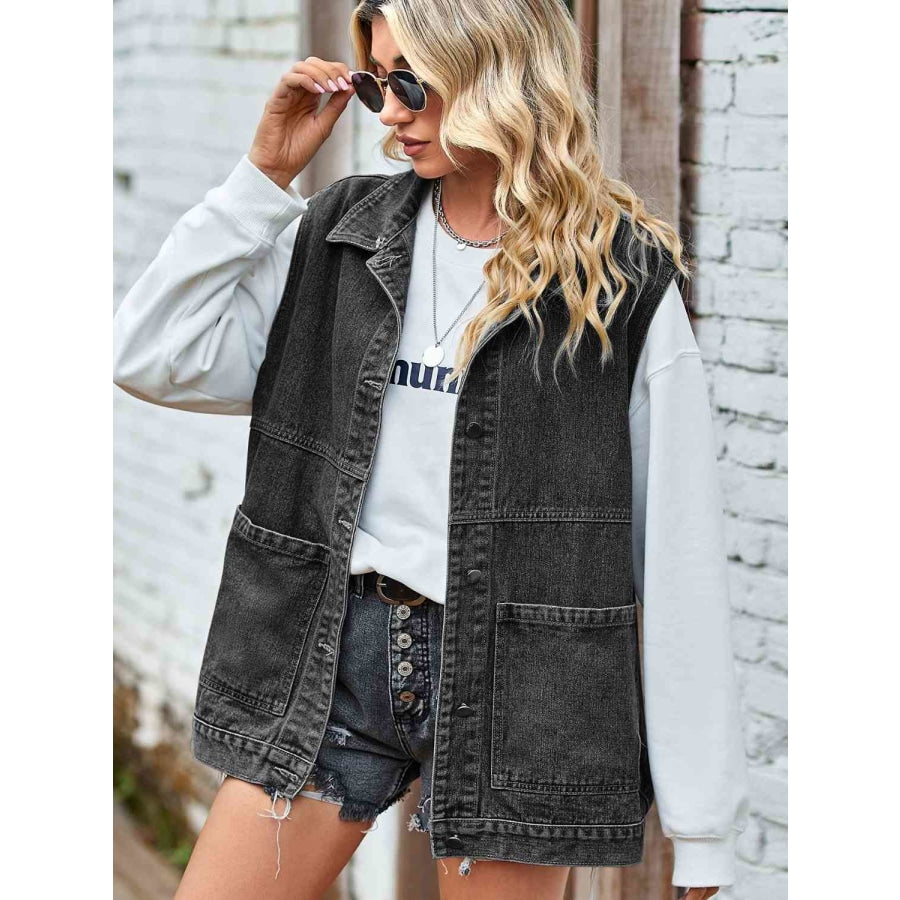 Button Front Sleeveless Denim Jacket