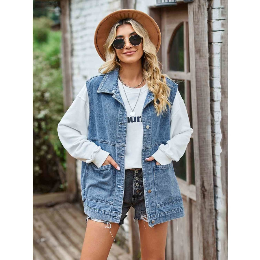 Button Front Sleeveless Denim Jacket