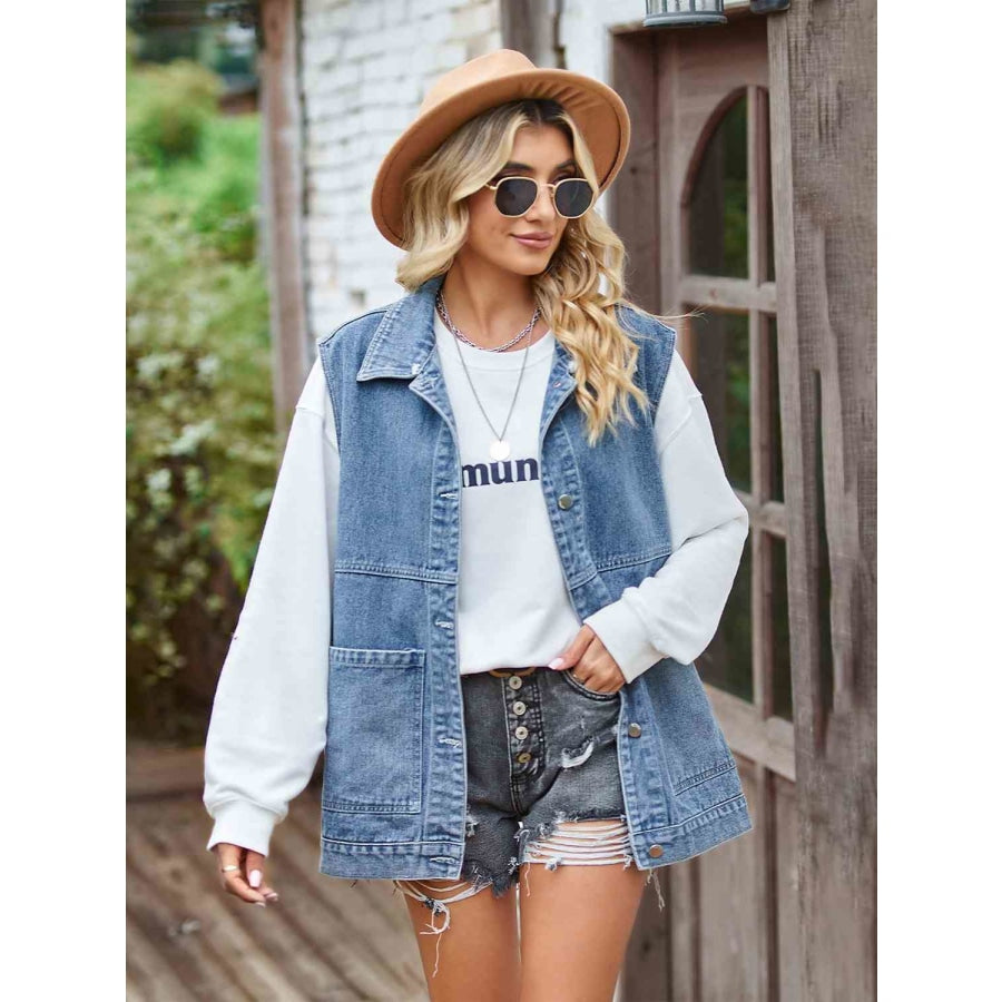 Button Front Sleeveless Denim Jacket