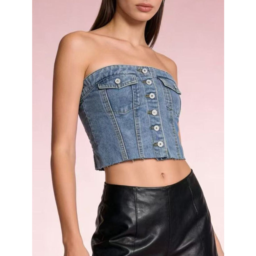 Button-Front Strapless Denim Top Apparel and Accessories