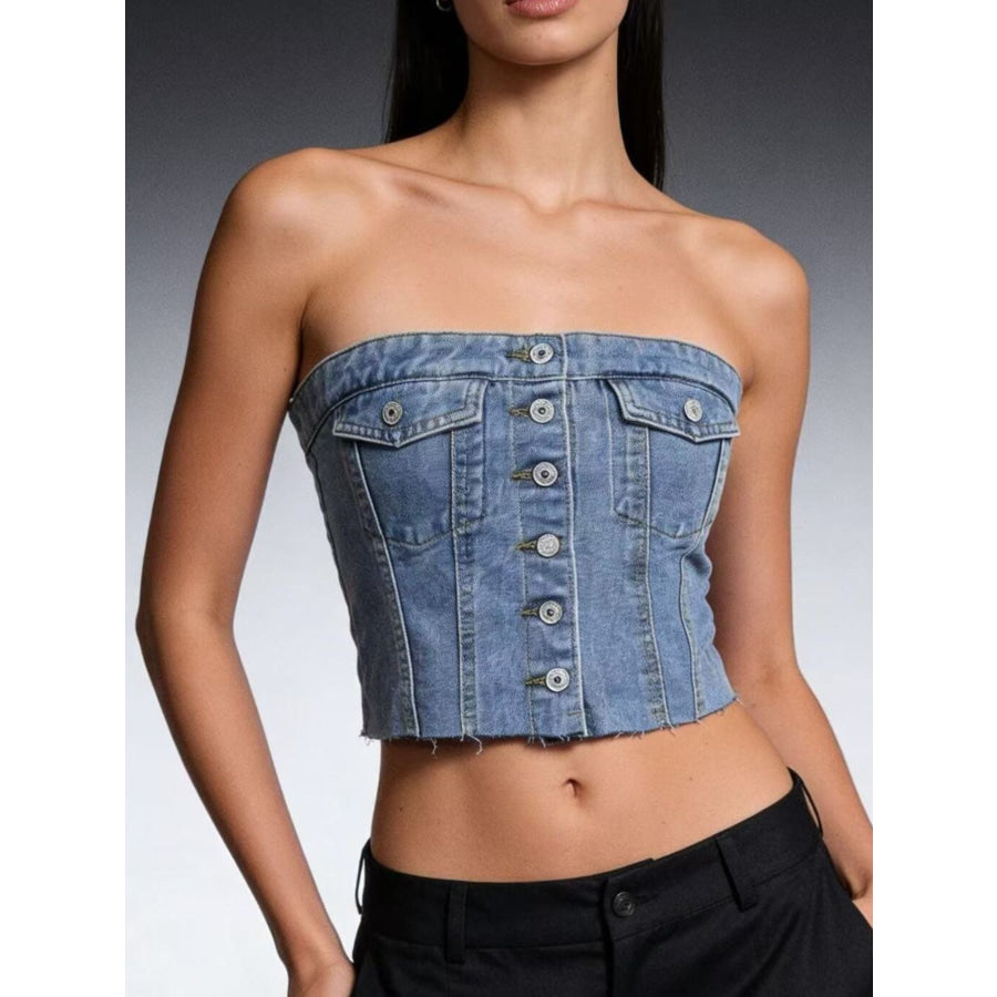 Button-Front Strapless Denim Top Apparel and Accessories