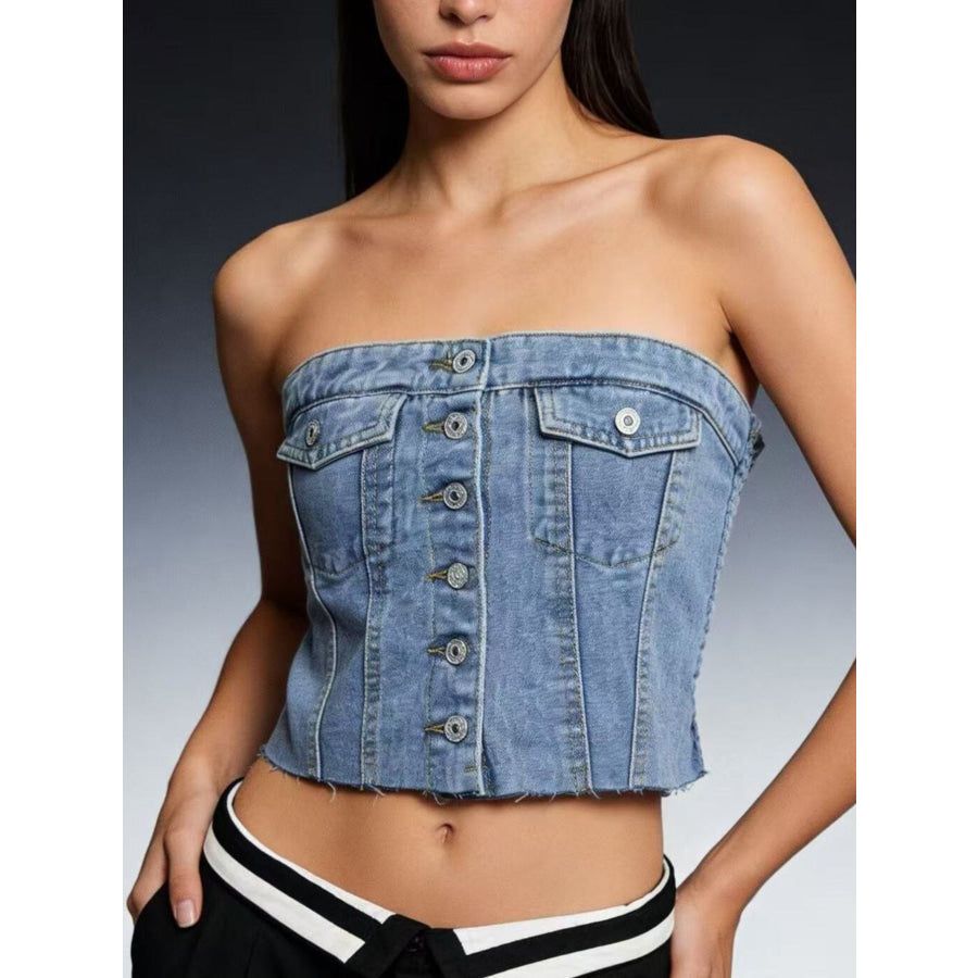 Button-Front Strapless Denim Top Light Blue / S Apparel and Accessories