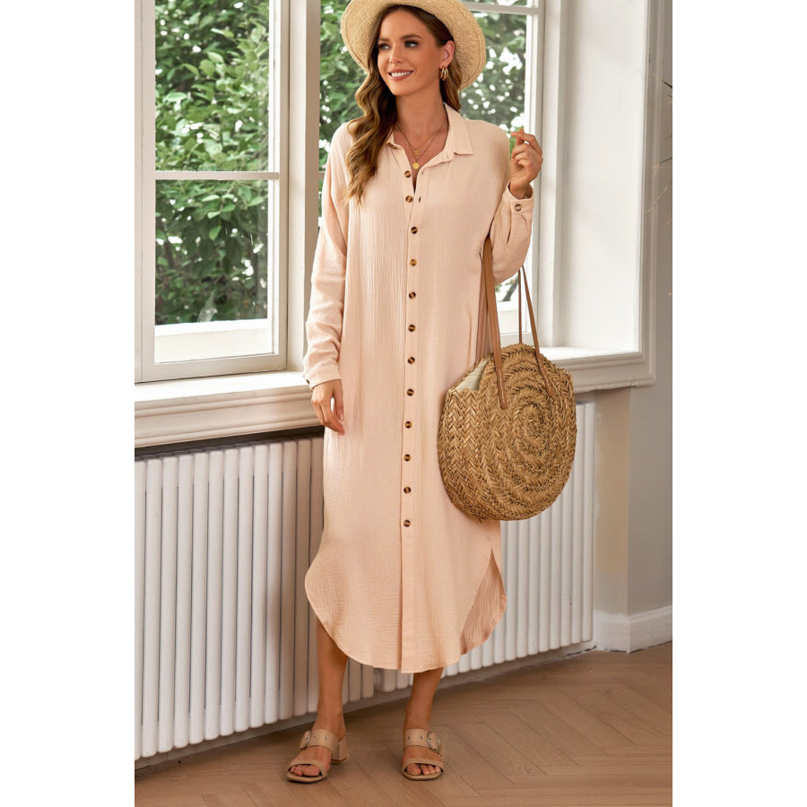Button Front Textured Slit Shirt Dress Apparel and Accessories