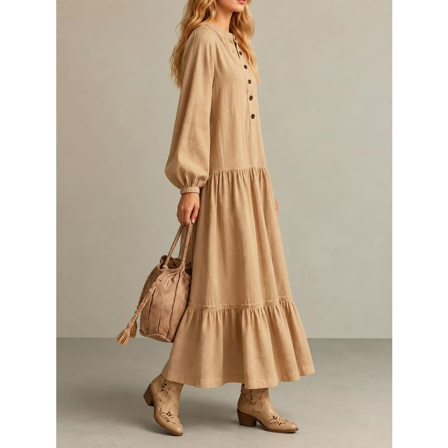Button Front Tiered Maxi Dress Apparel and Accessories