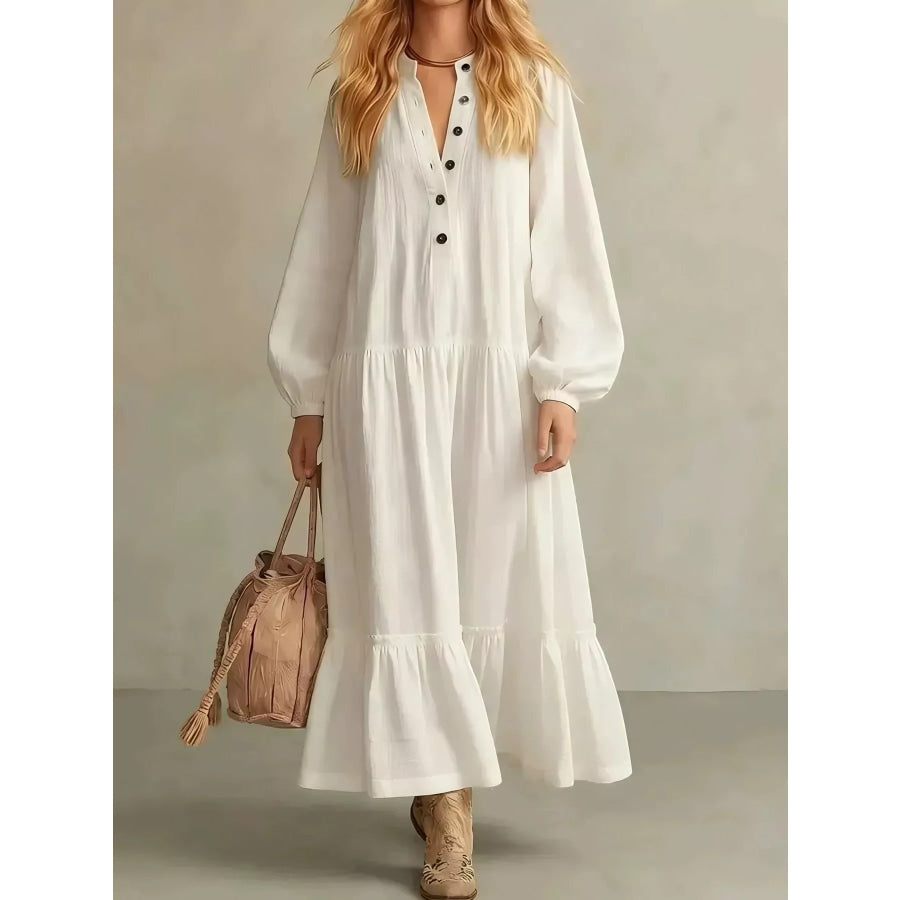 Button Front Tiered Maxi Dress Ivory / S Apparel and Accessories