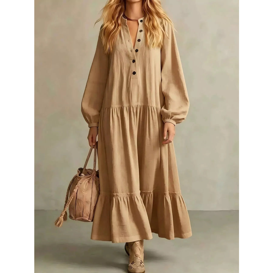 Button Front Tiered Maxi Dress Khaki / S Apparel and Accessories
