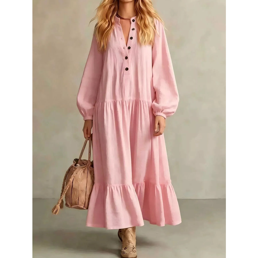 Button Front Tiered Maxi Dress Pink / S Apparel and Accessories