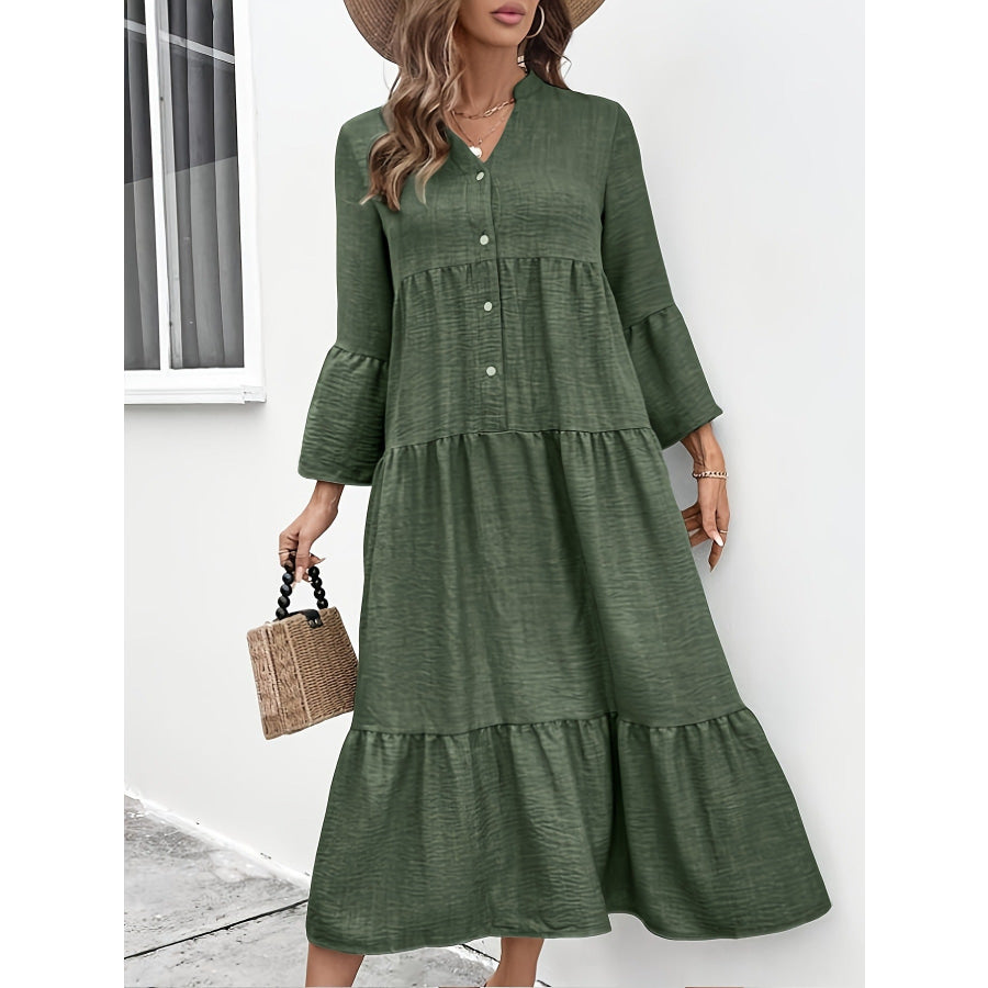 Button Front Tiered Midi Dress Apparel and Accessories