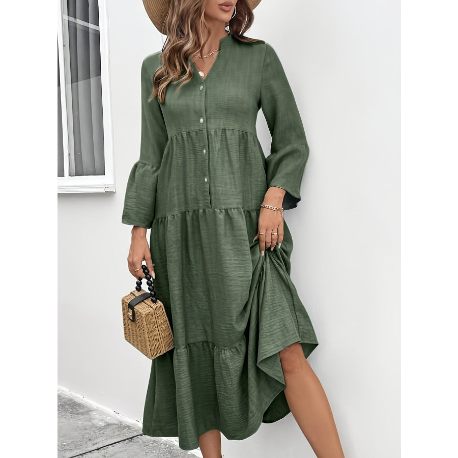 Button Front Tiered Midi Dress Apparel and Accessories