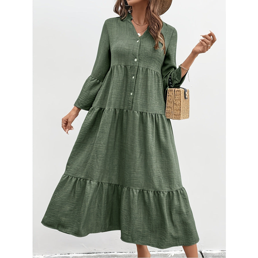 Button Front Tiered Midi Dress Dark Green / S Apparel and Accessories