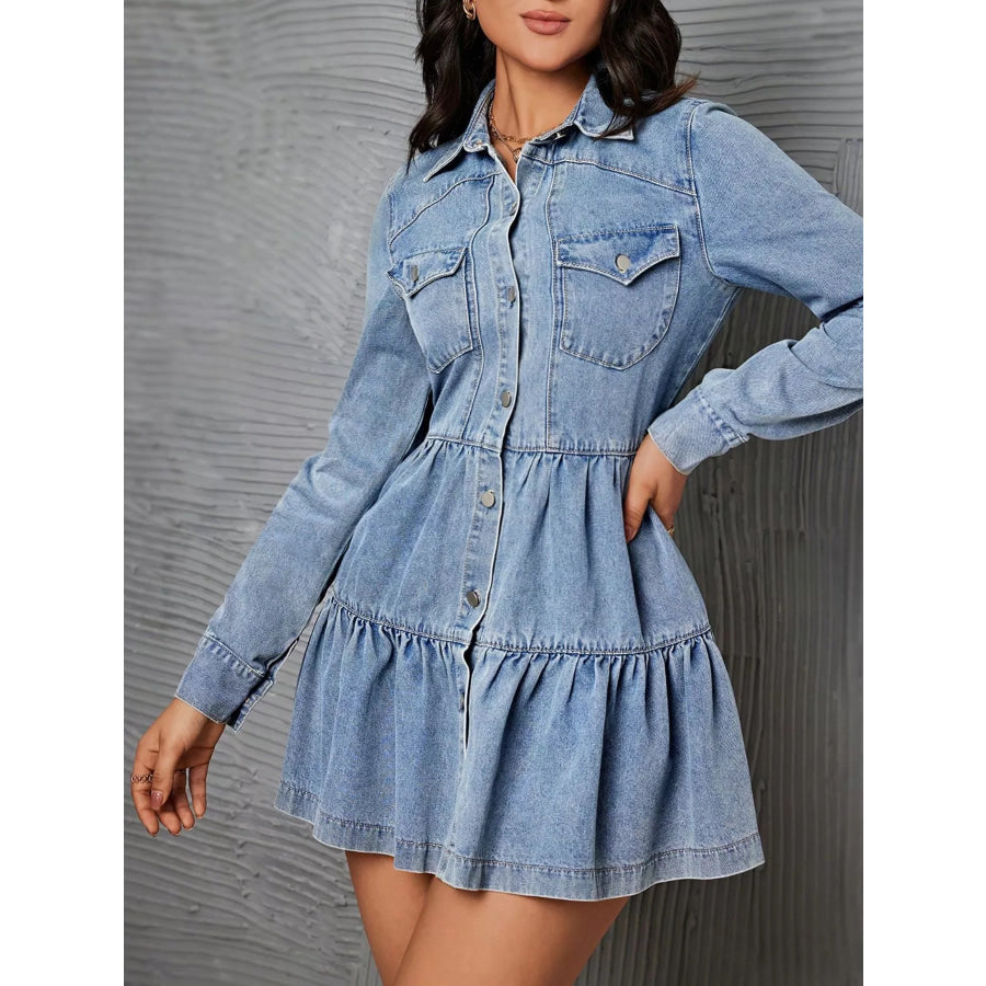 Button-Front Tiered Ruffle Denim Dress Apparel and Accessories