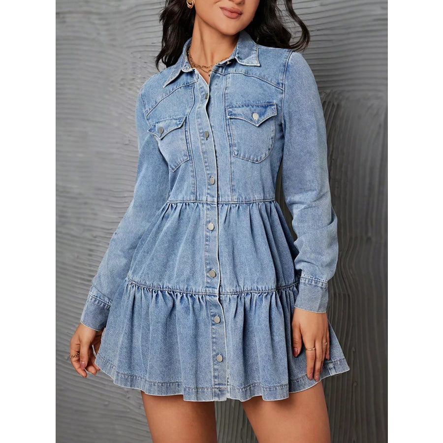 Button-Front Tiered Ruffle Denim Dress Blue / XS Apparel and Accessories