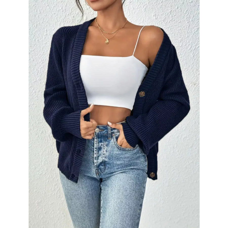 Button Front V-Neck Cardigan Dark Blue / S Apparel and Accessories