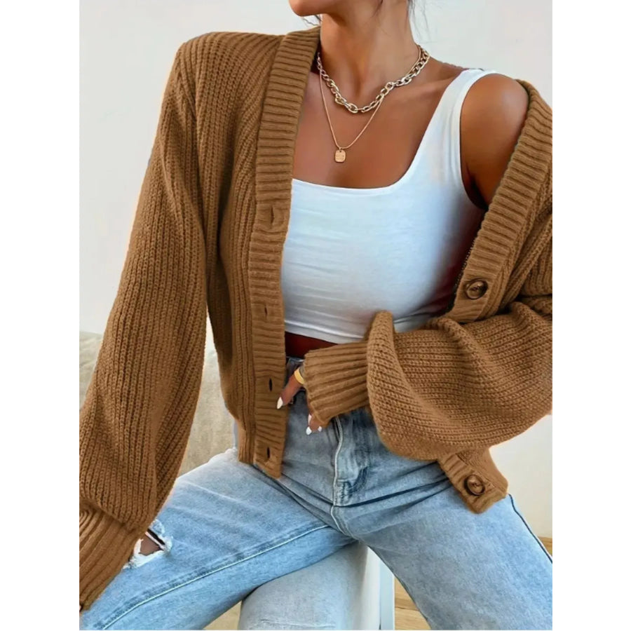 Button Front V-Neck Cardigan Dark Brown / S Apparel and Accessories