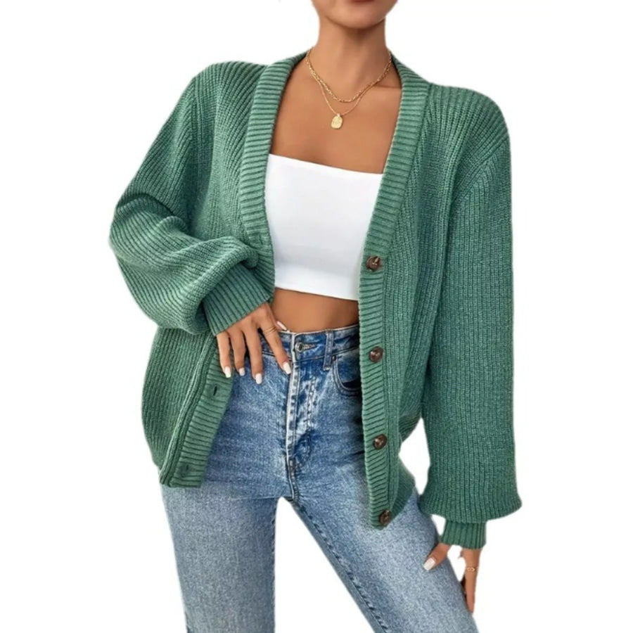 Button Front V-Neck Cardigan Light Green / S Apparel and Accessories