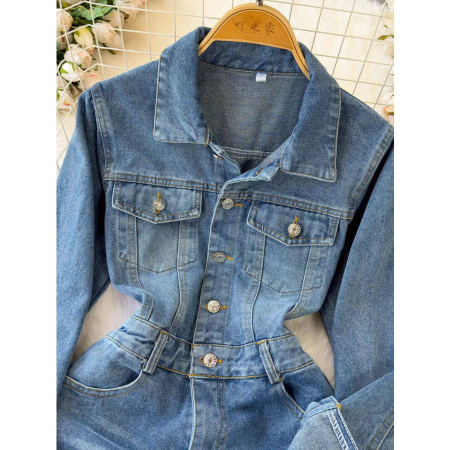 Button Front Wide Leg Denim Jumpsuit Apparel and Accessories