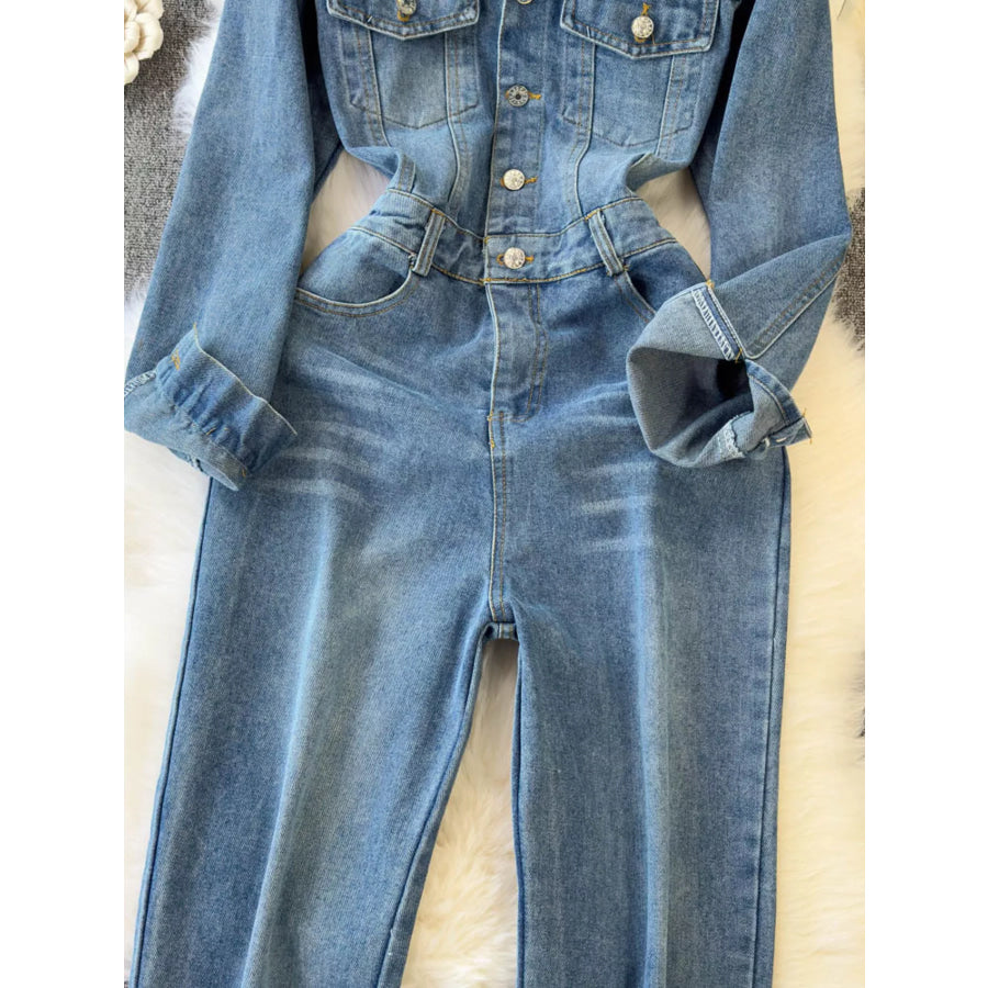 Button Front Wide Leg Denim Jumpsuit Apparel and Accessories