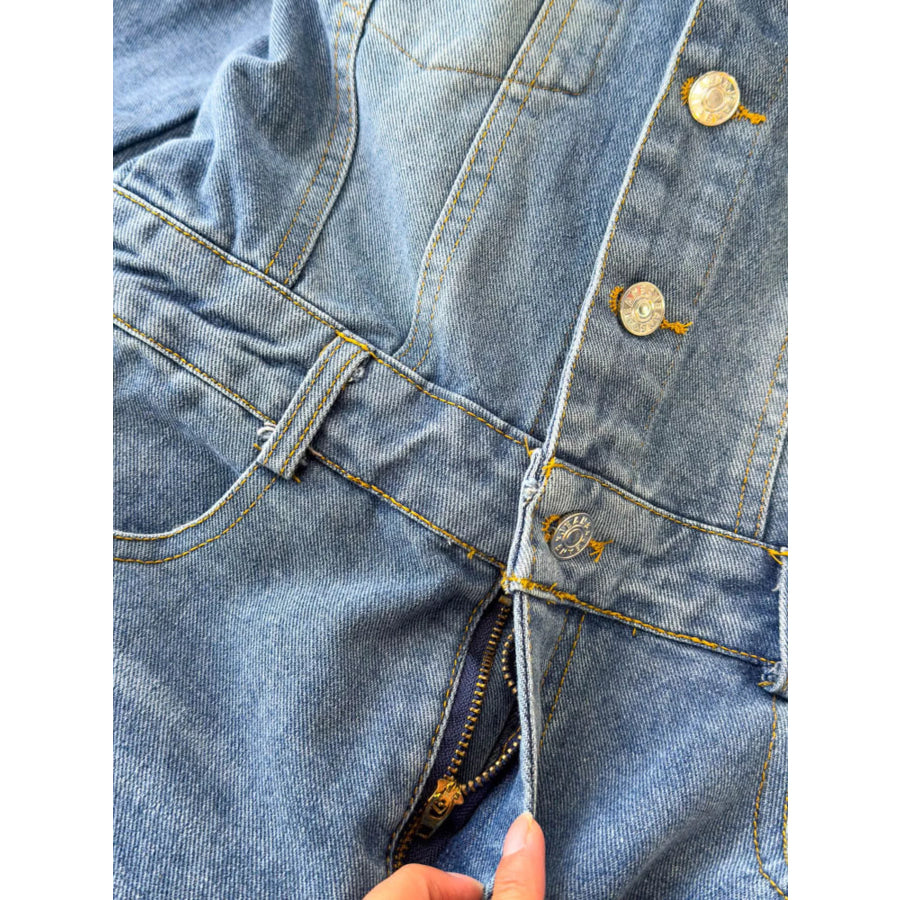 Button Front Wide Leg Denim Jumpsuit Apparel and Accessories