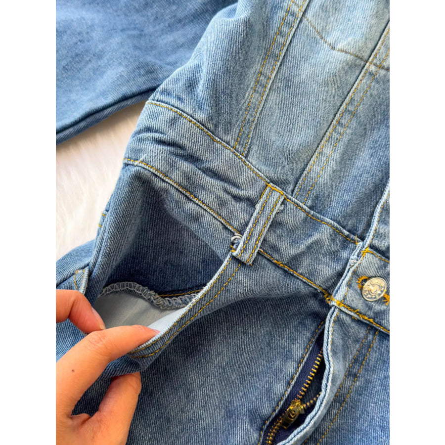 Button Front Wide Leg Denim Jumpsuit Apparel and Accessories