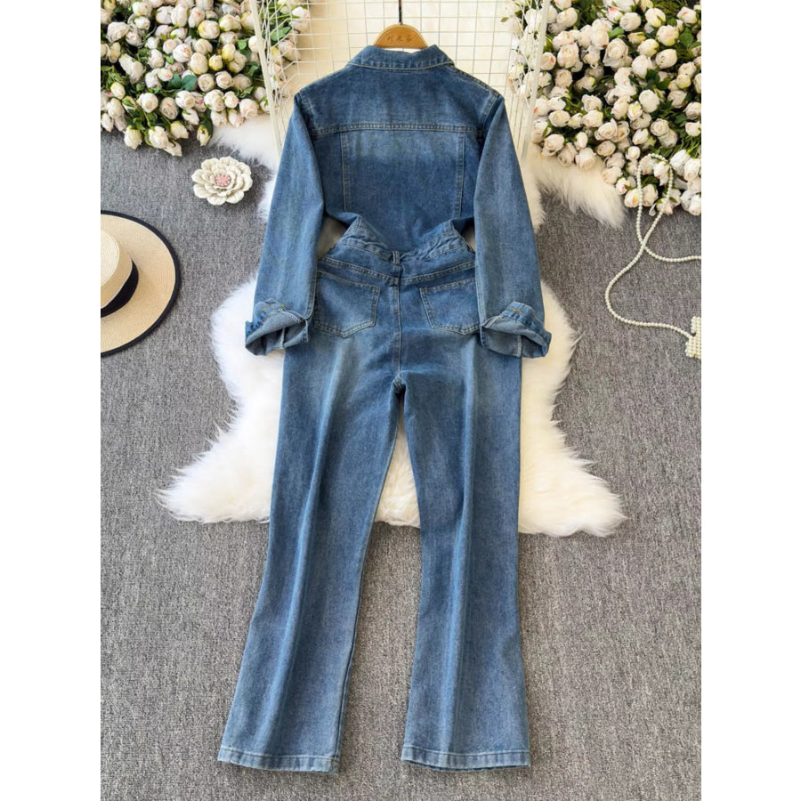Button Front Wide Leg Denim Jumpsuit Apparel and Accessories
