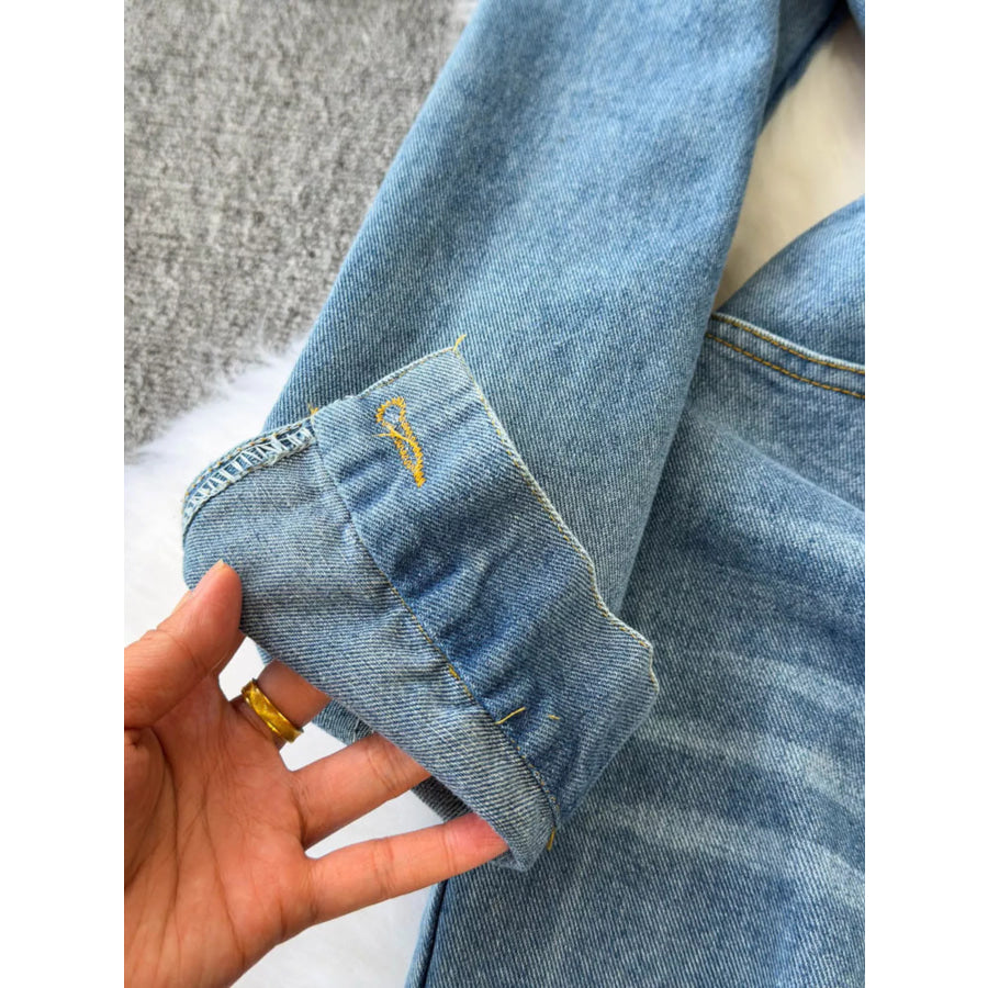 Button Front Wide Leg Denim Jumpsuit Apparel and Accessories