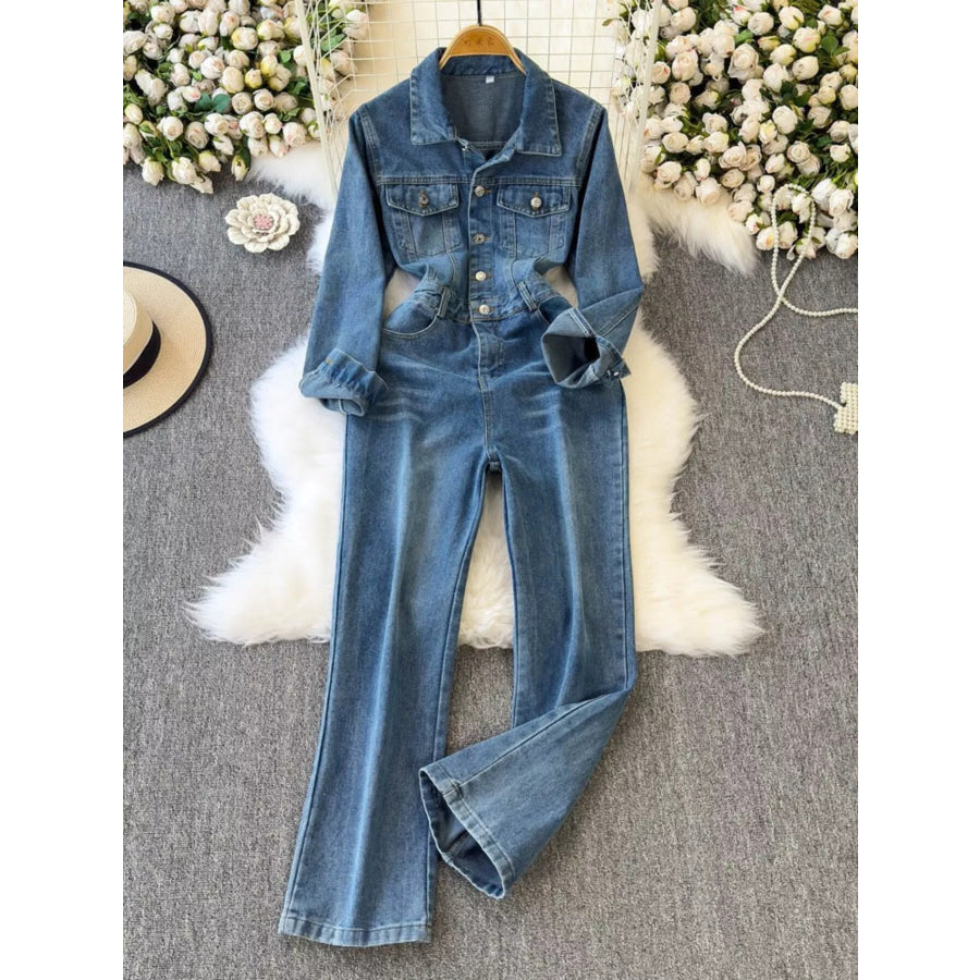 Button Front Wide Leg Denim Jumpsuit Dark Blue / S Apparel and Accessories