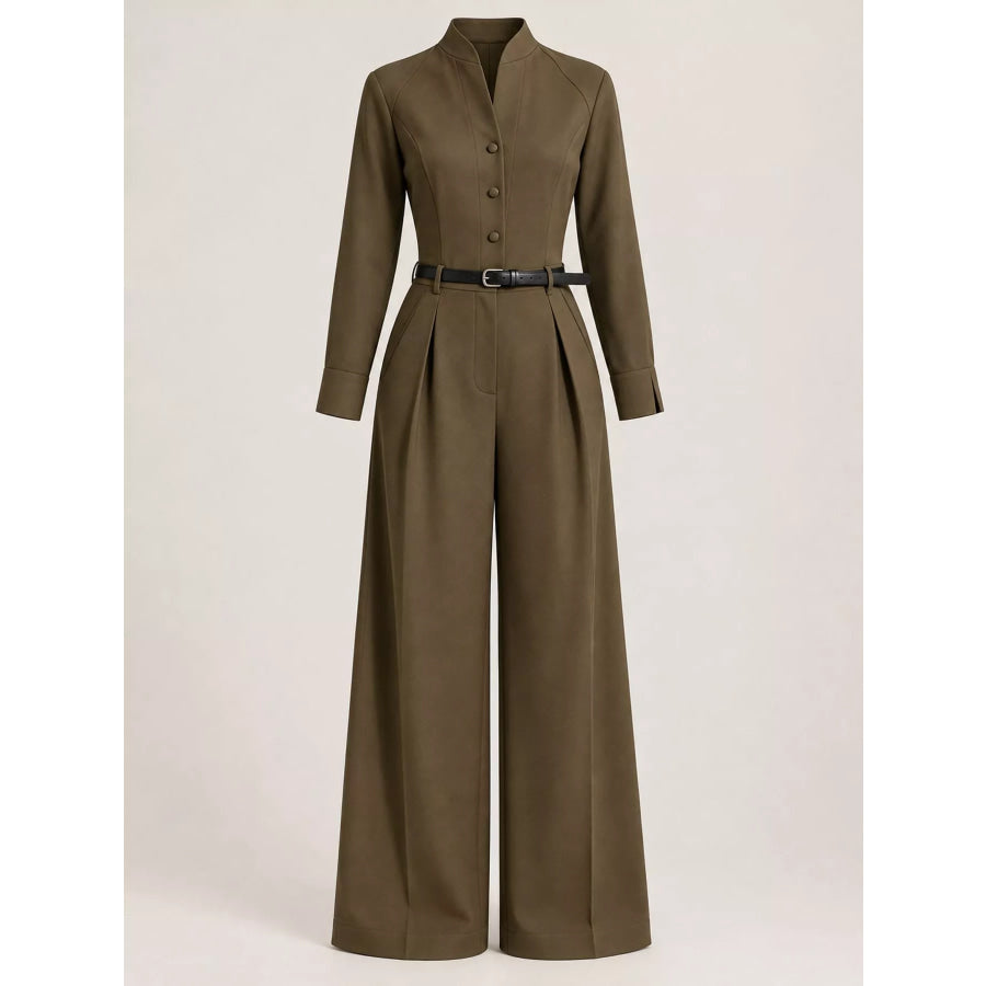 Button Front Wide-Leg Jumpsuit Apparel and Accessories