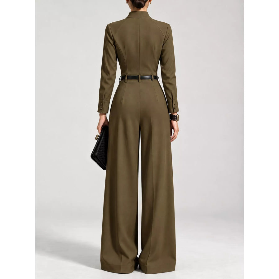 Button Front Wide-Leg Jumpsuit Apparel and Accessories