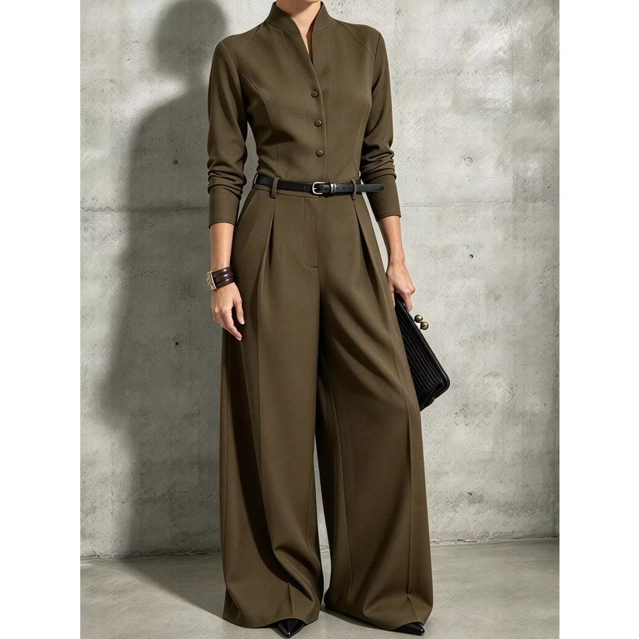 Button Front Wide-Leg Jumpsuit Army Green / XS Apparel and Accessories