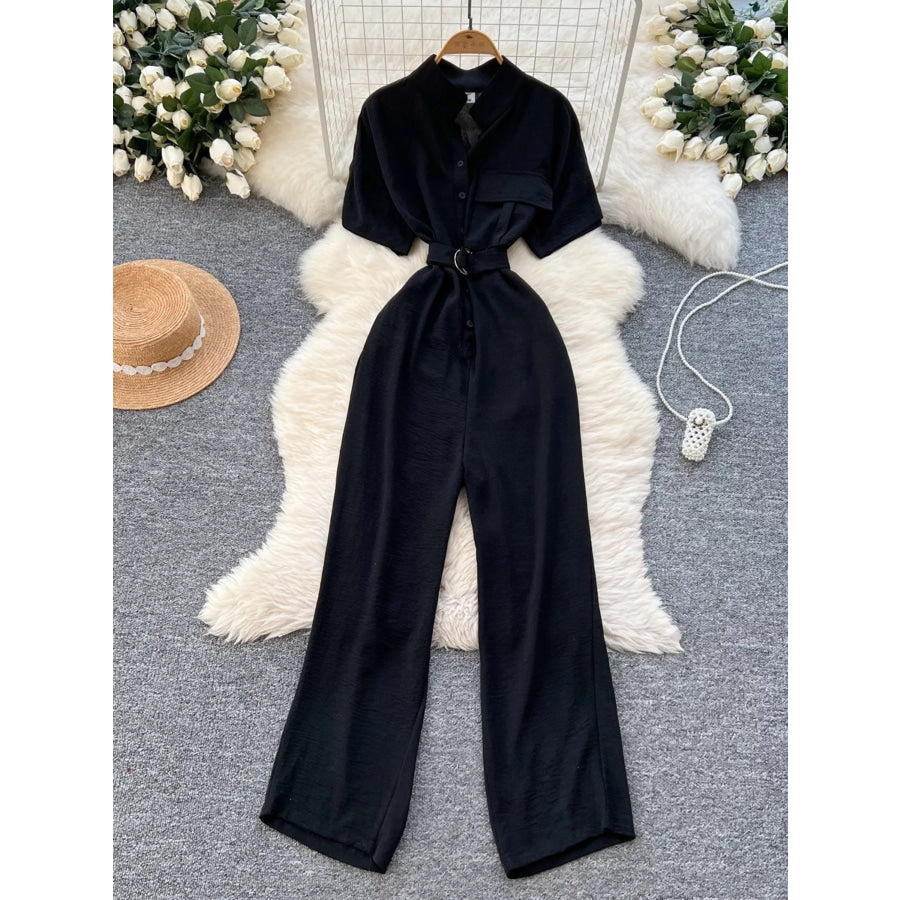 Button Front Wide Leg Jumpsuit Black / One Size Apparel and Accessories