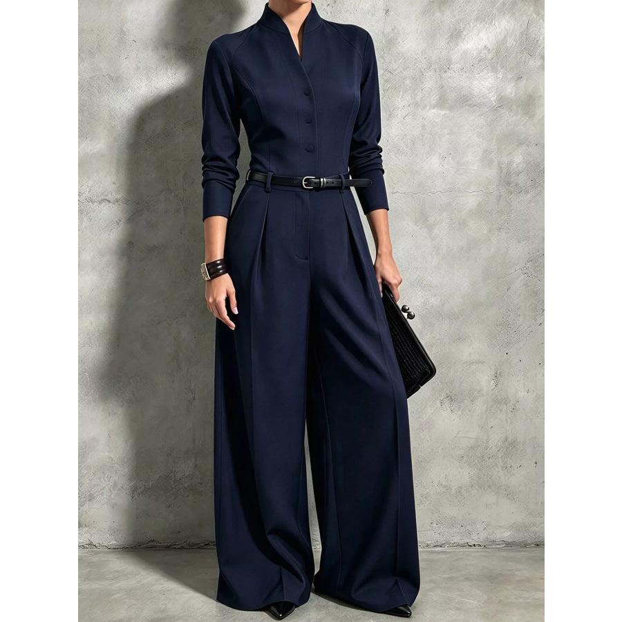 Button Front Wide-Leg Jumpsuit Dark Navy / XS Apparel and Accessories