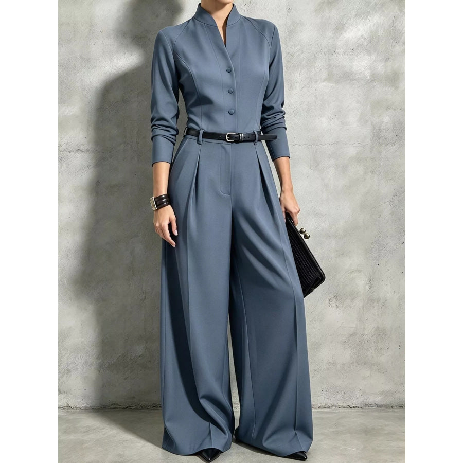 Button Front Wide-Leg Jumpsuit Dusty Blue / XS Apparel and Accessories