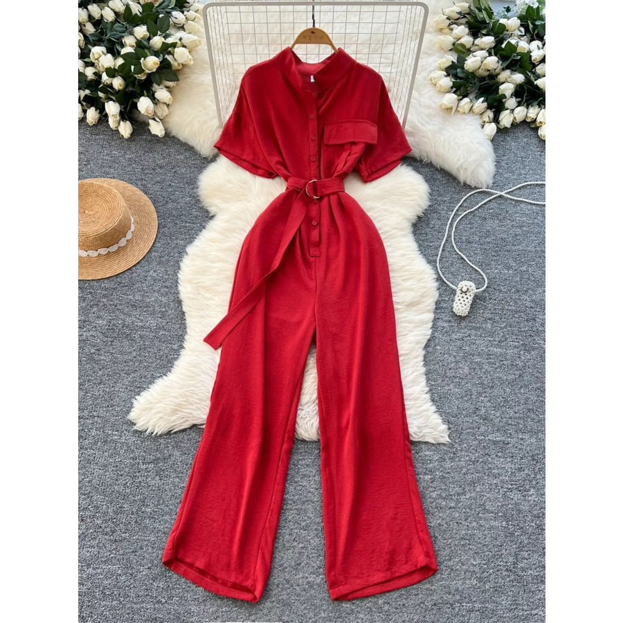 Button Front Wide Leg Jumpsuit Red / One Size Apparel and Accessories